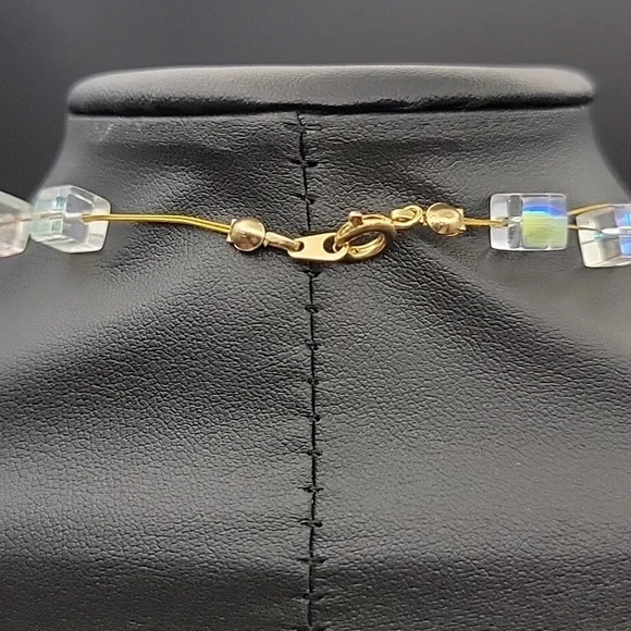 AB Cube & Givre Art Glass Necklace Bracelet and Earring Set Gold Tone Wire